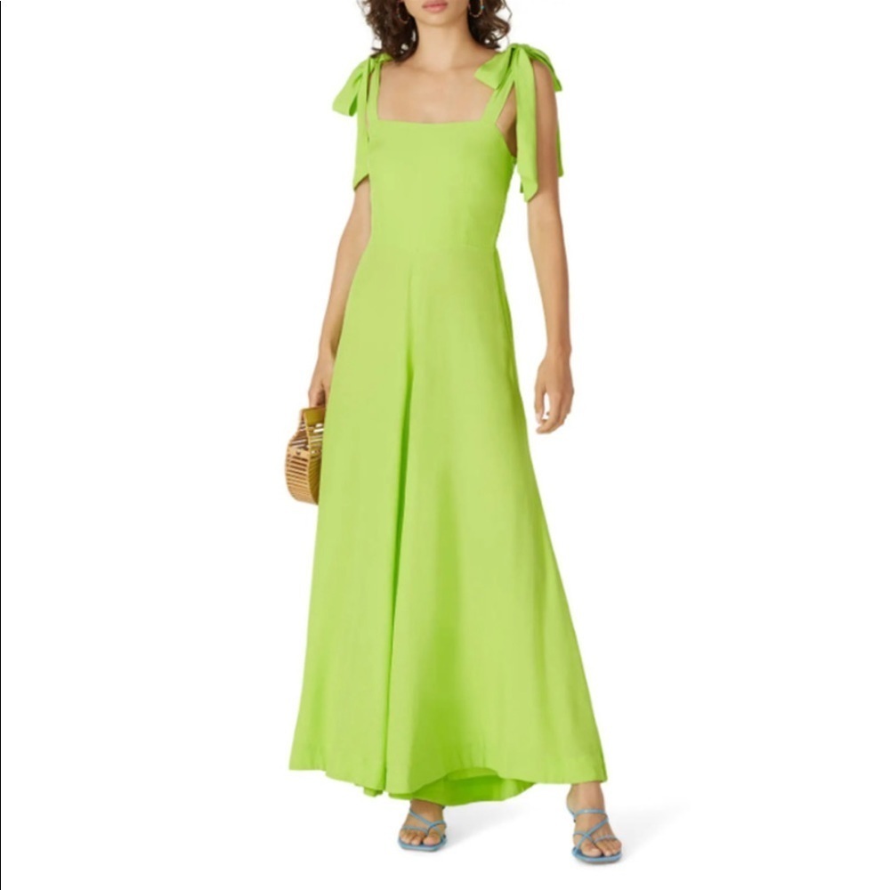 Swf Zest Wide Leg Jumpsuit Sleeveless Tie Shoulder Straps Square Neck Green